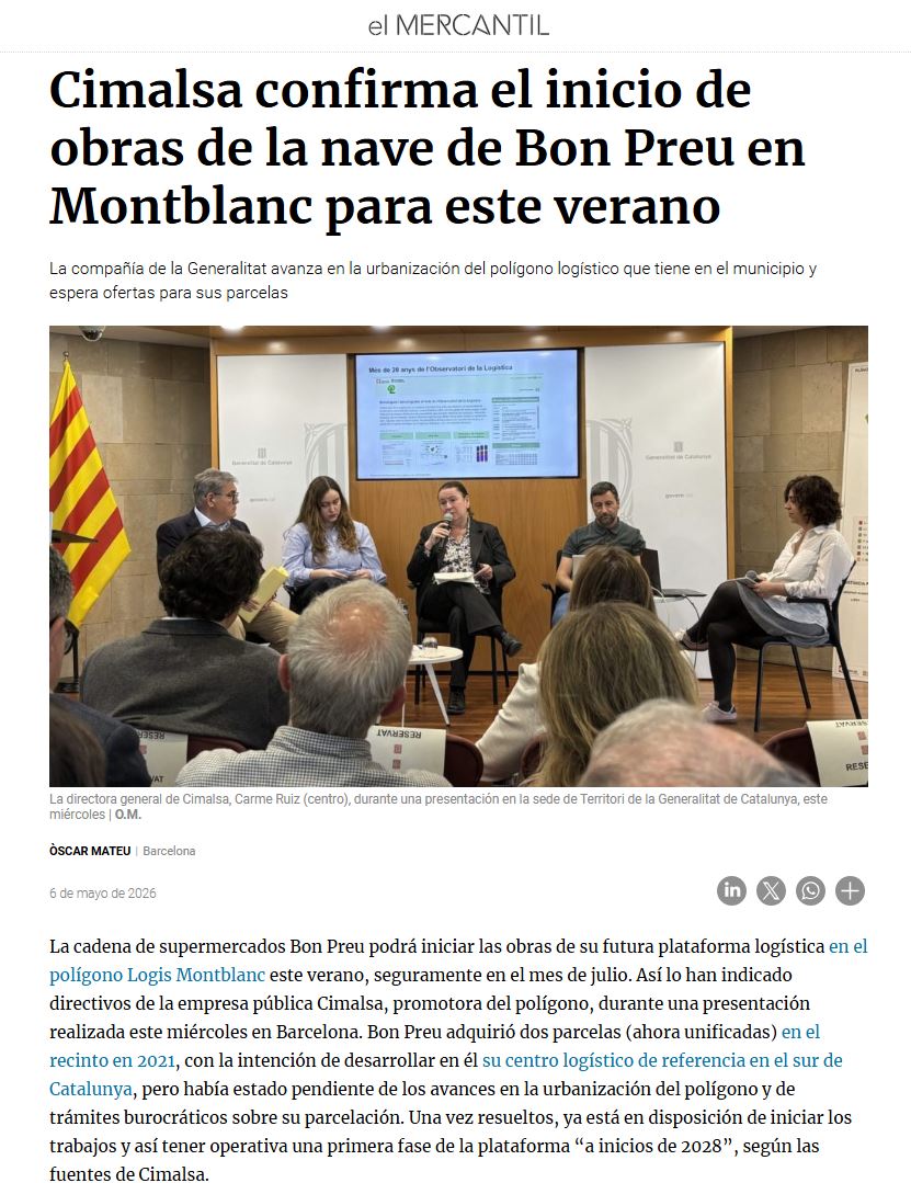 Cimalsa confirma el inicio de obras de la nave de Bon Preu en Montblanc para este verano